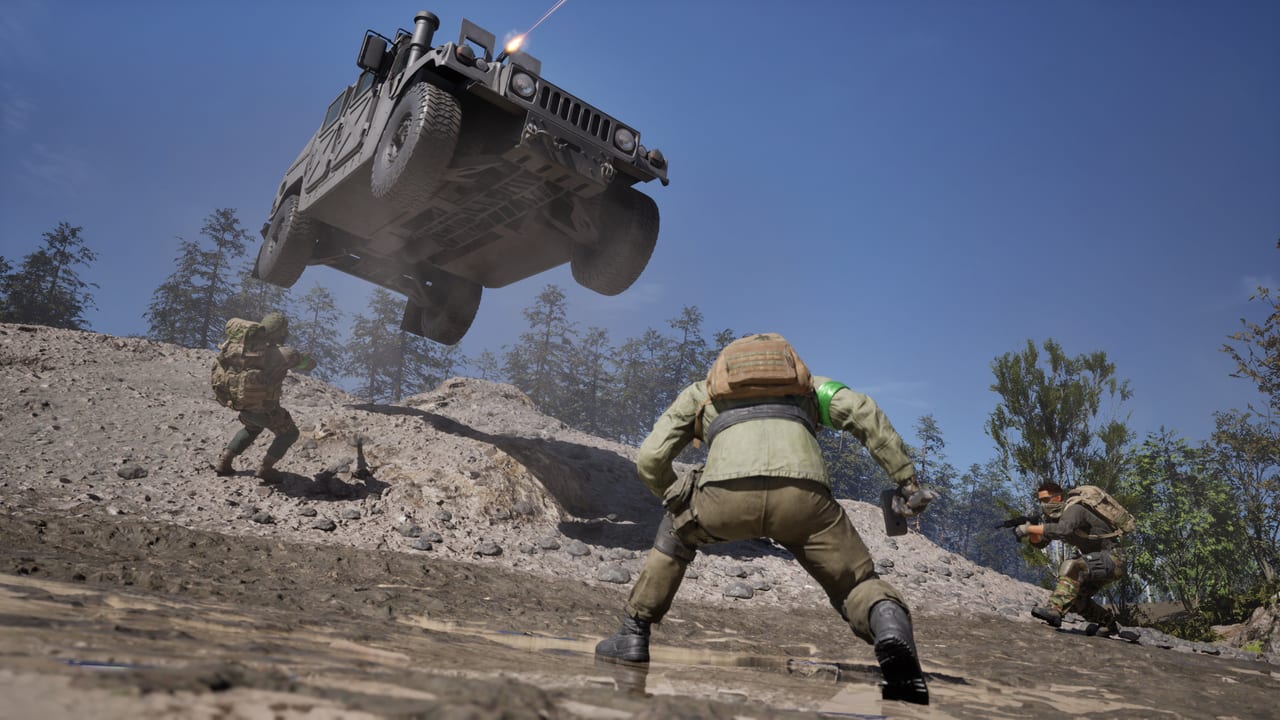 WARDOGS squad on a dirt slope as a Humvee jumps overhead on the Kolchia battlefield